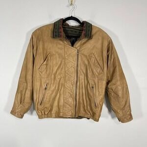 VTG Winlit Mens Leather Flight Bomber Jacket Insulated Brown Tan Aztec Lining S